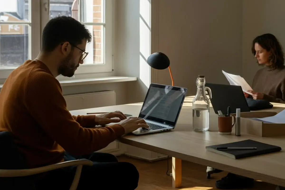 A shared desk on a working day