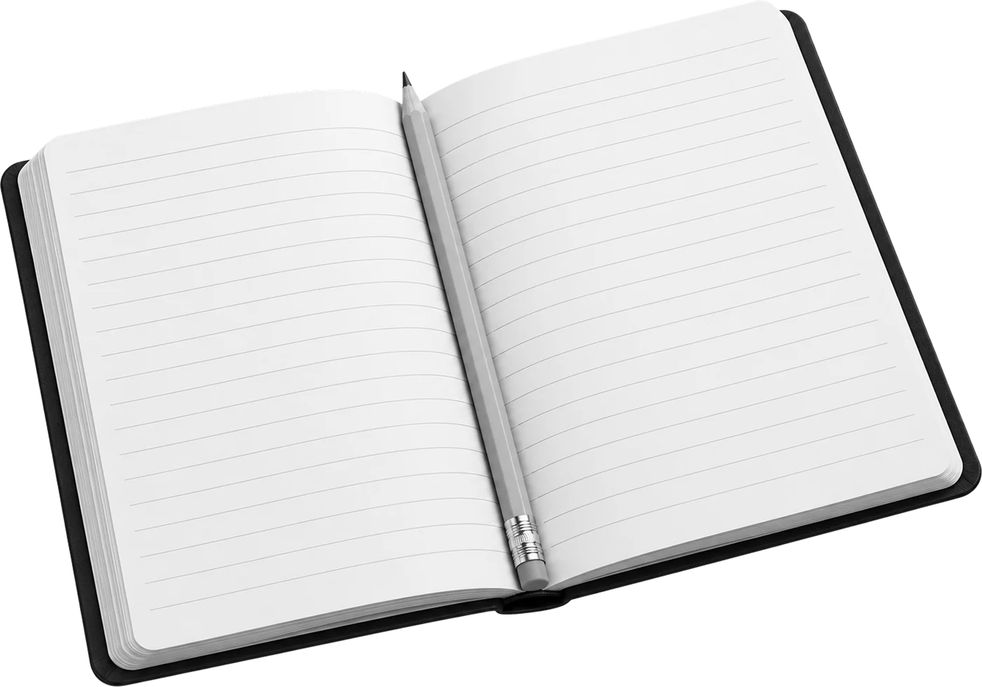 An open notebook with a pencil, wearing down into the system’s marks and building back