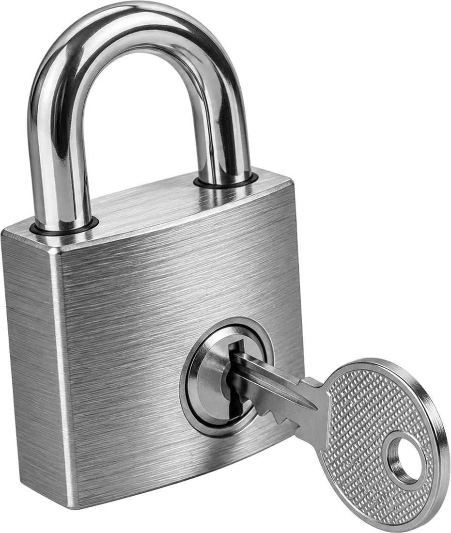 A padlock with its key in it, wearing down into the system’s marks and building back