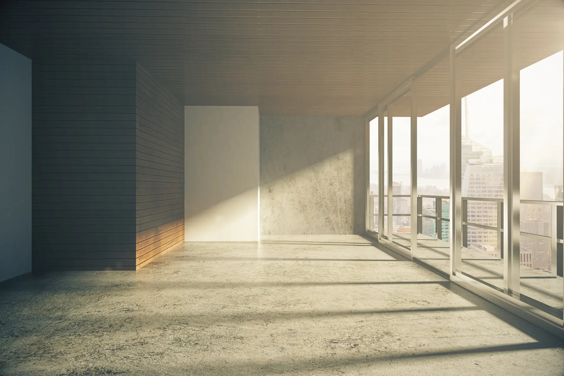 An empty office floor in morning light